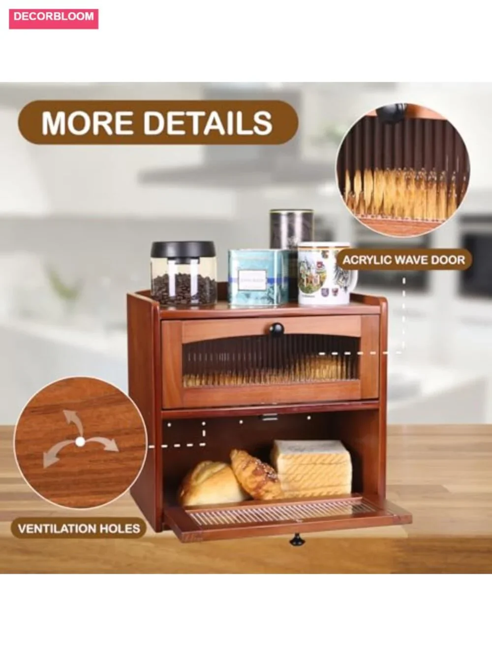 Large 2-Tier Wooden Bread Box for Kitchen Countertop with Acrylic Windows
